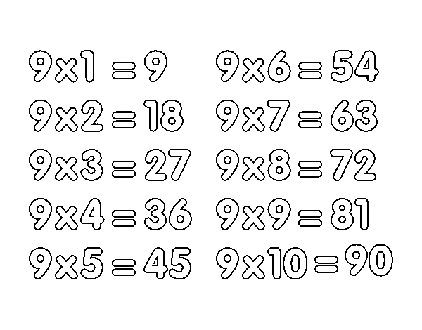 Coloriage de La table de multiplication du 9 pour Colorier