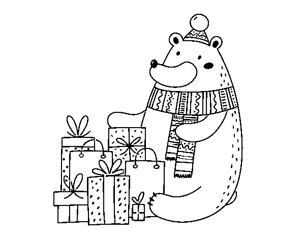 Coloriage de Ours avec des cadeaux de Noël pour Colorier